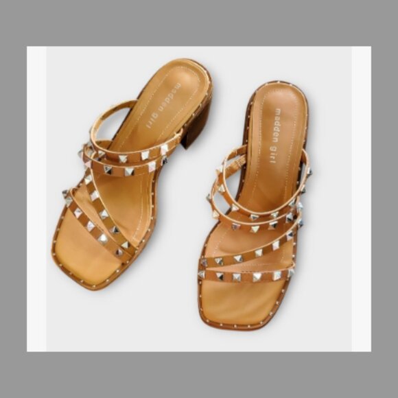Madden Girl Women’s Size 8.5 Strappy Sandals Silver Studs Block Heel - Picture 1 of 9